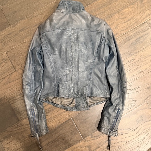 Danier Blue-Grey Genuine Leather Moto Jacket 2XS Asymmetric Zip, High Collar - Picture 6 of 16